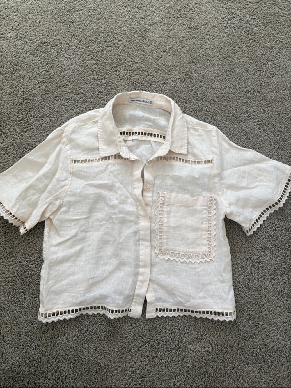 Abercrombie & Fitch Cream Linen Eyelet-Trim Button-Up Top